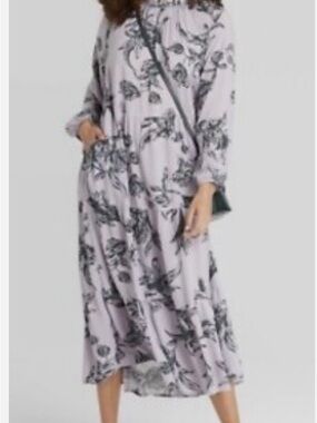 A New Day Lavender With Black Florals Tiered Long Sleeve Maxi Dress Size L